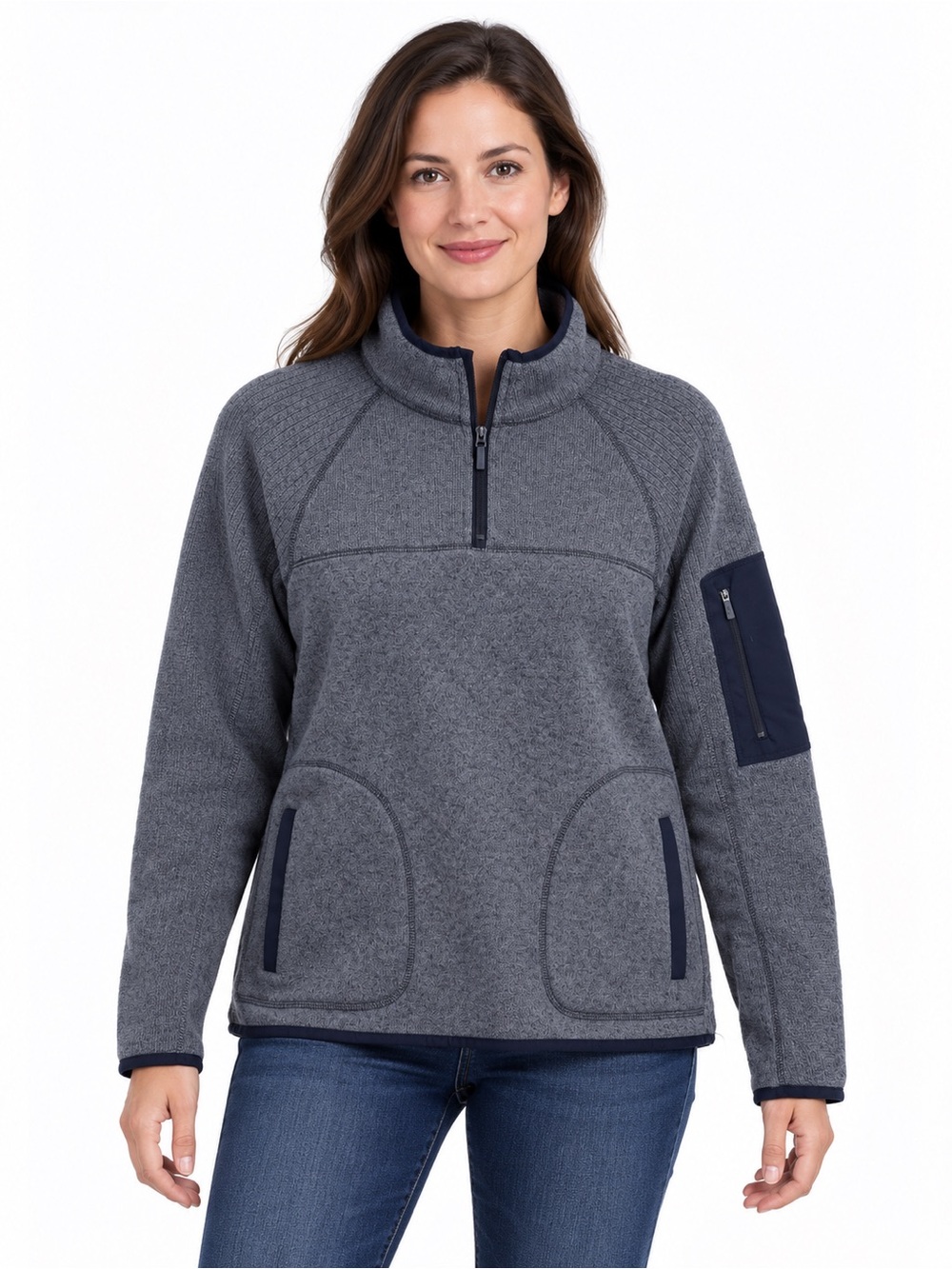 Quarter-Zip Heathered Gray Pullover Hoodie with Navy Trim